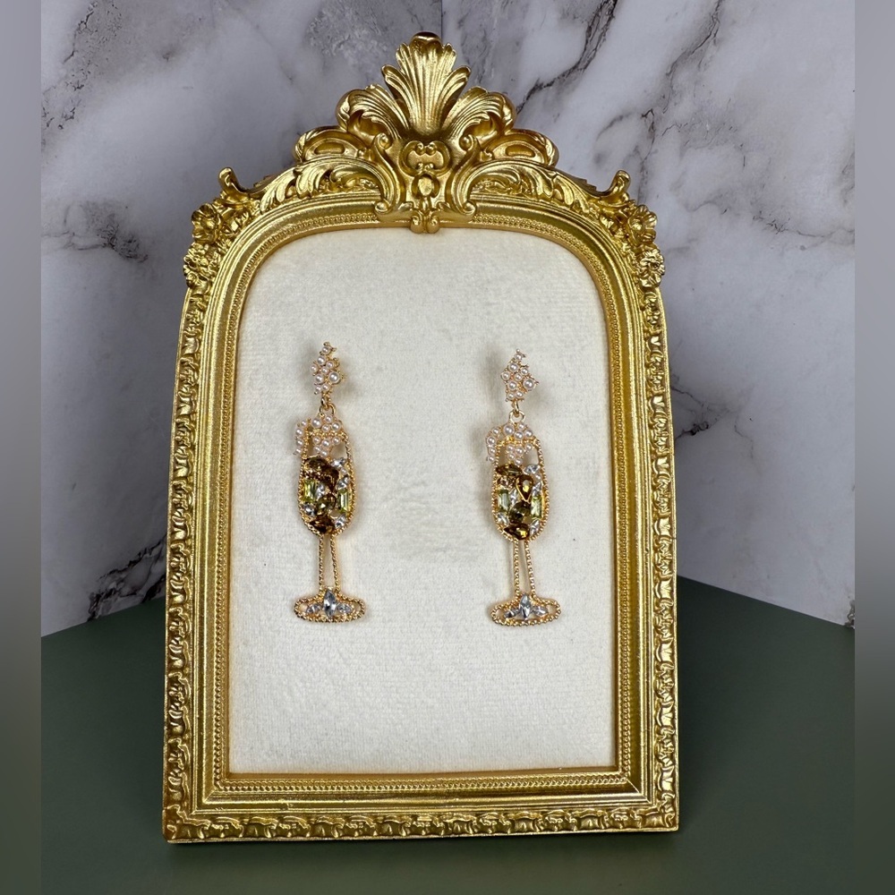 ✨ Champagne Glass Statement Drop Earrings | Pearl & Crystal Gold Tone | NWT